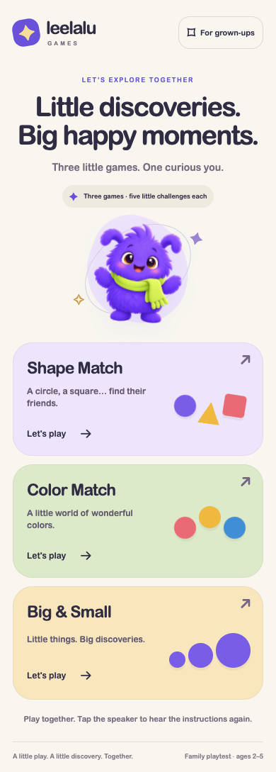 English browser-game home showing Shape Match, Color Match, and Big & Small.