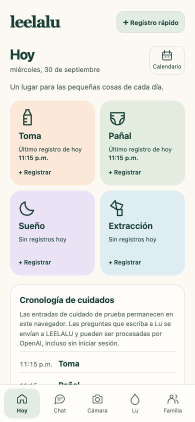 Registro de Leelalu en español con ejemplos de tomas, sueño, pañales y extracción de leche.